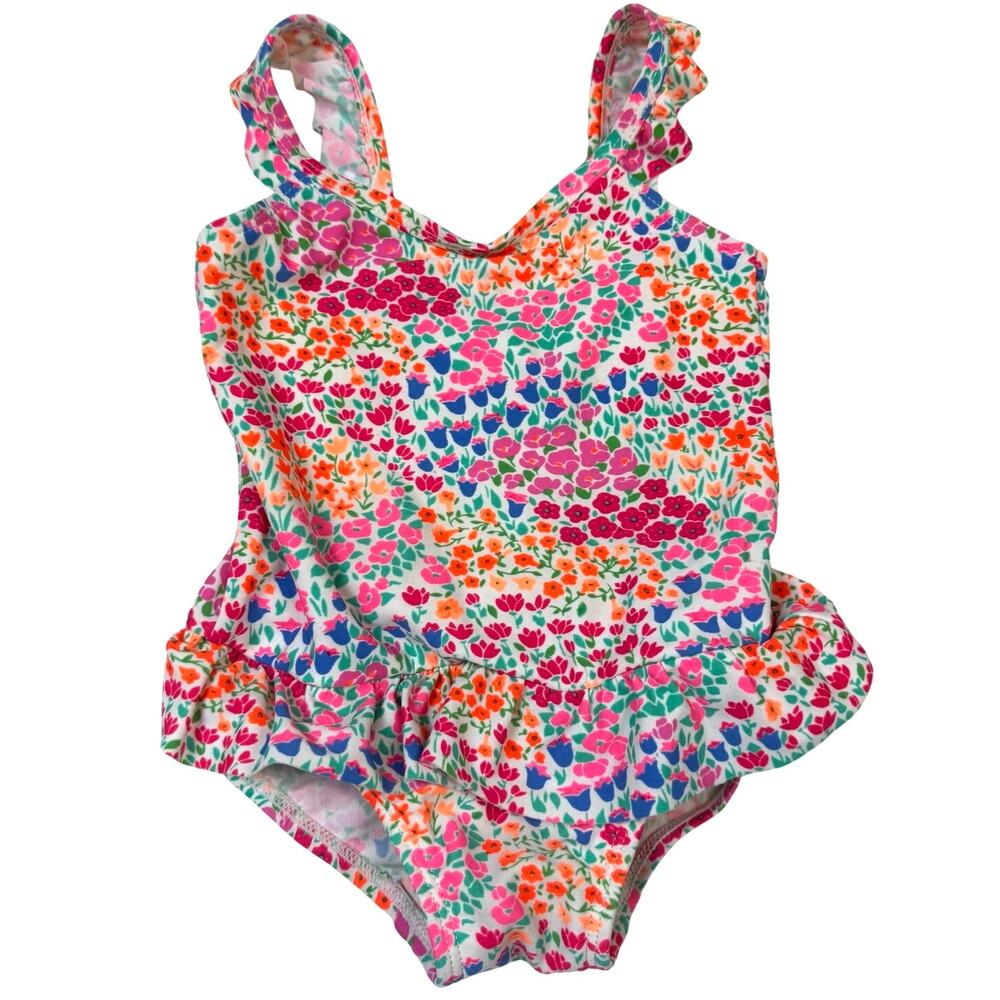 OshKosh Floral Neon Swimsuit Peplum Ruffle Baby Girl 9-12 Months One Piece